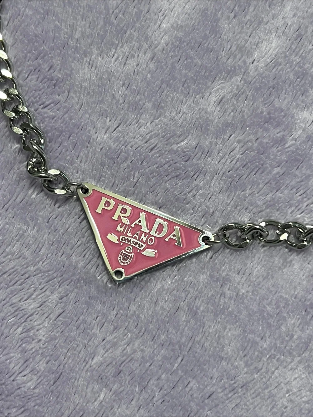 Upcycled HandmadePrada Silver-Tone Chain Necklace with Pink Triangle Logo Pendan